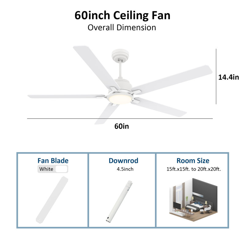 Ventilateur de plafond standard 60 po à 5 pales avec télécommande et éclairage inclus Amonette 60 po, Blanc, Blanc