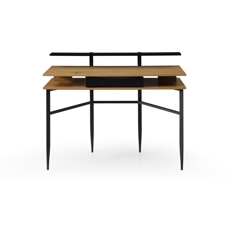 Bureau avec 1 tiroir et tablettes de rangement supérieures, Naturel / noir