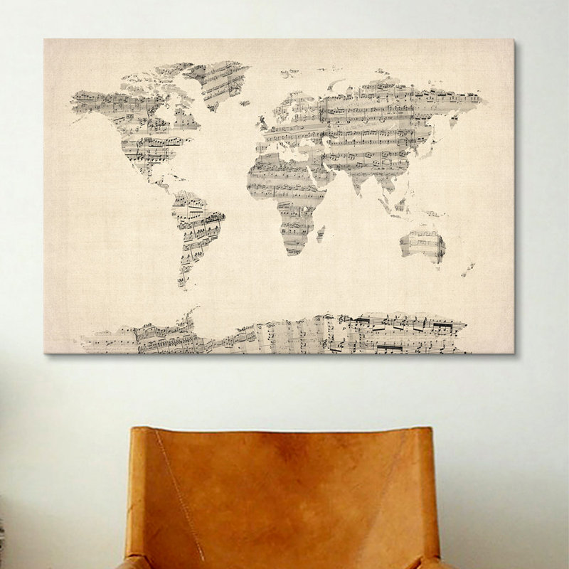 « old sheet music world map » par michael thompsett, impression sur toile, H 26 po x l 40 po x P 1,5 po