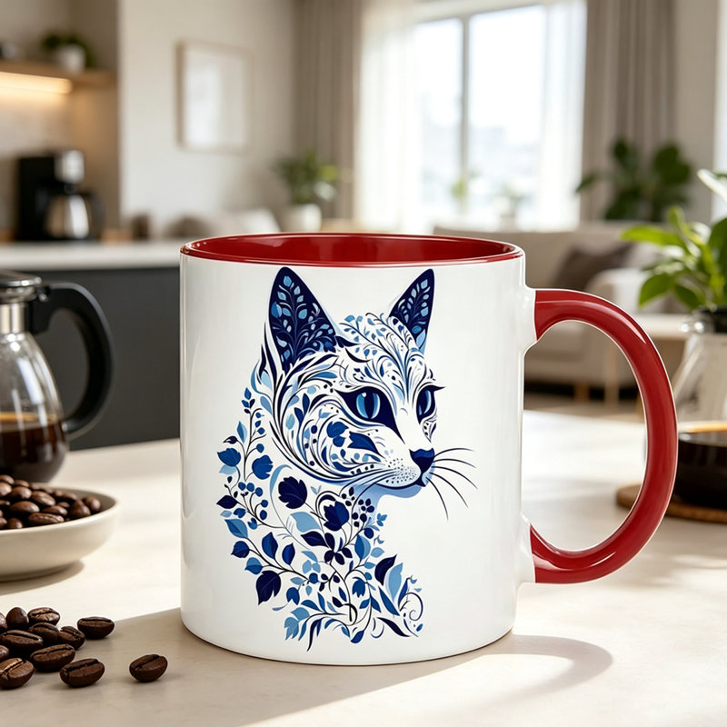 Single Elegant Blue Floral Cat Ceramic Coffee Mug - Fine Porcelain Tea Cup Featuring Cat Face & Paws Design, Ideal Gift for Cat Enthusiasts.