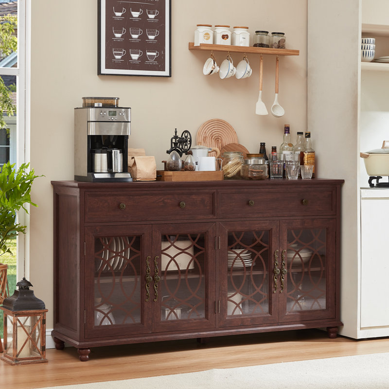 Farmhouse Sideboard Buffet Cabinet With Storage,59" Large Credenza With 4 Glass Doors & 2 Drawers,Adjustable Shelves Console Table,Wood Kitchen Coffee Bar For Dining Room,Living Room