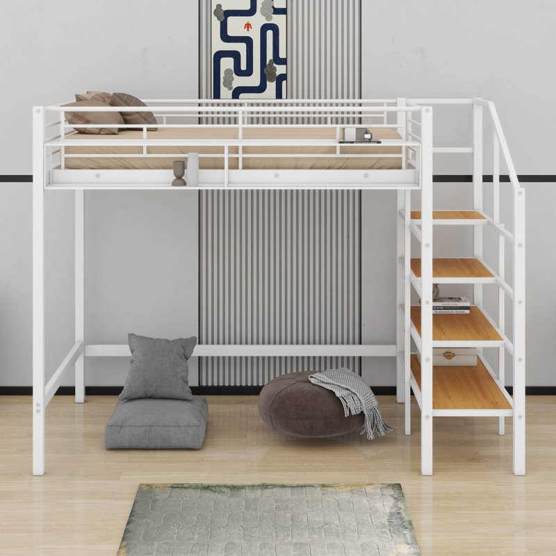 Lit mezzanine simple en métal avec tablette, Blanc