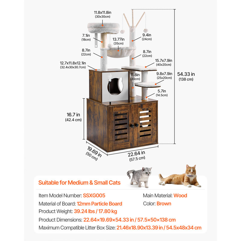 Grande maison de jeu pour chat avec litière 54,33 po 2 en 1, Brun