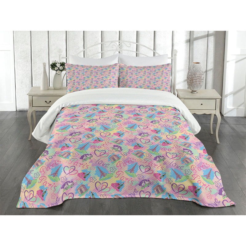 Queen Pink and Blue Quilted Bedspread Set with Pillow Shams