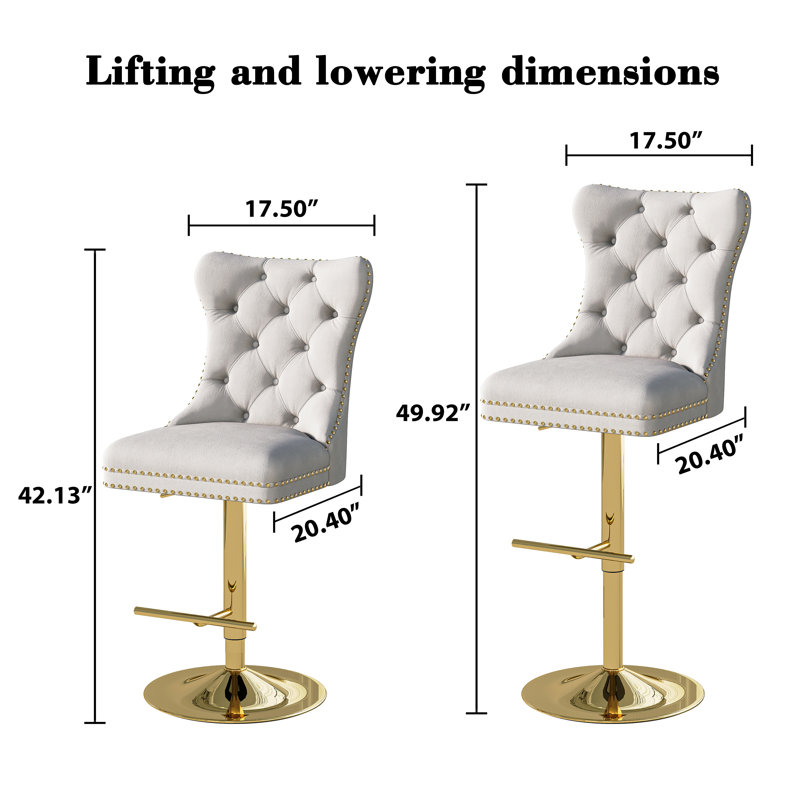 Modern Velvet Adjustable Swivel Counter Height Stools With Tufted Back Dining Chairs, White Seat/ Gold Frame