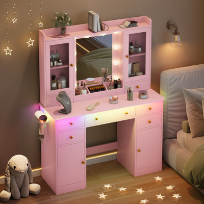 Makeup Vanity Desk with LED Lights and Power Outlet, 43.7" Dressing Table with 7 Drawers, Storage Cabinet & Adjustable RGB Lights