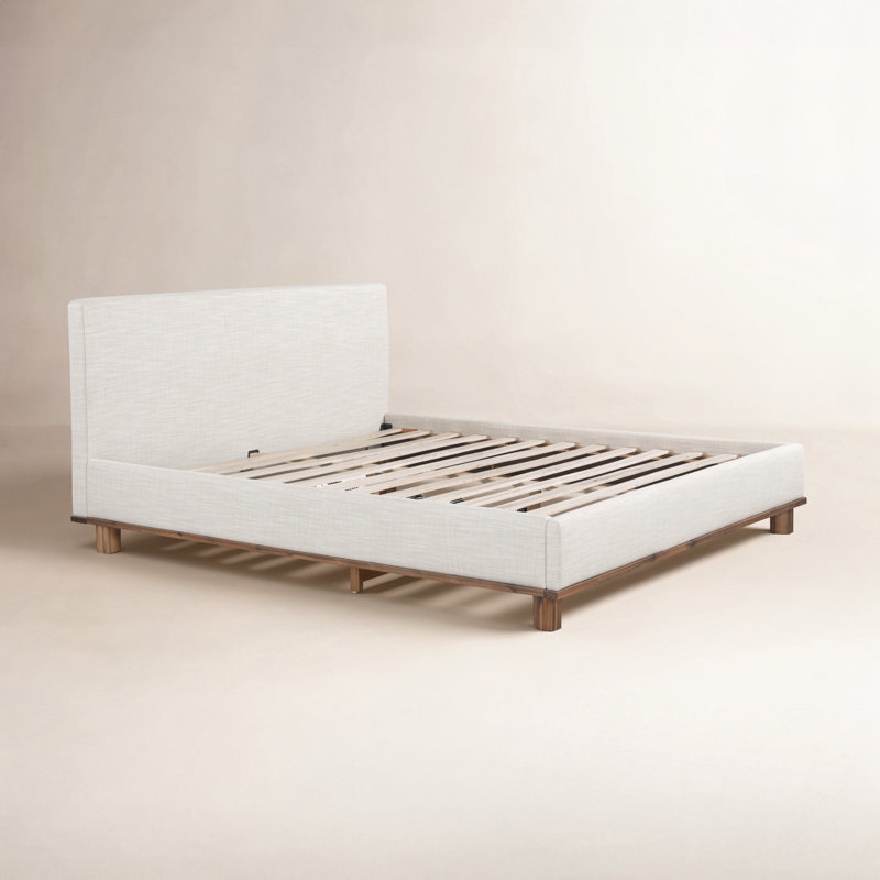 Plaza Mid-Century Upholstered Panel Headboard Design, King, White Linen