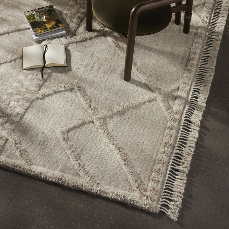 Tapis géométrique beige en laine noué à la main Platten, Rectangle 8 pi x 10 pi