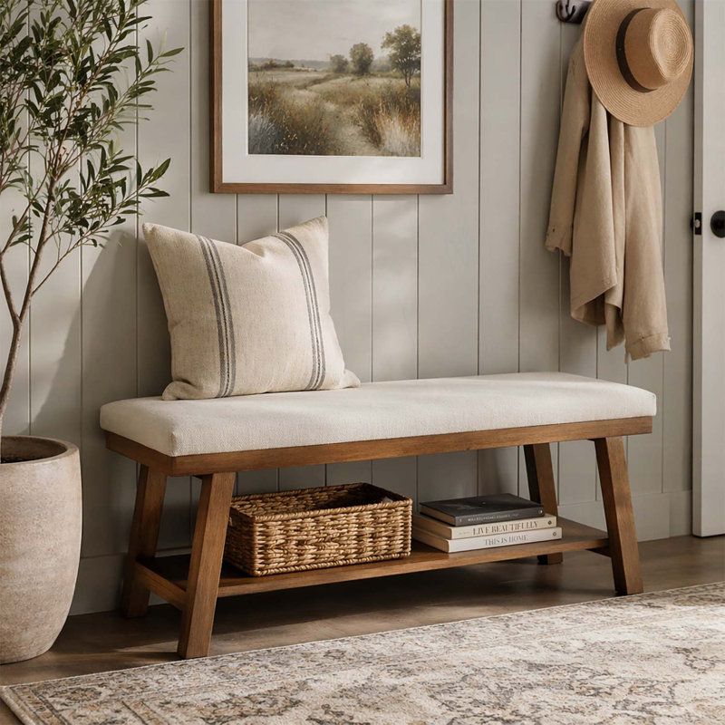 Banc rembourré avec tablette de rangement, Ivory+Brown