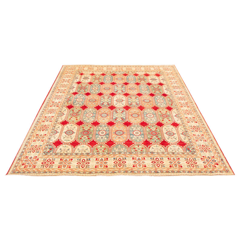 Tapis unique en laine noué à la main nouvel âge de 6 pi 6 po x 9 pi 11 po Alyesha doré clair / bleu / rouge