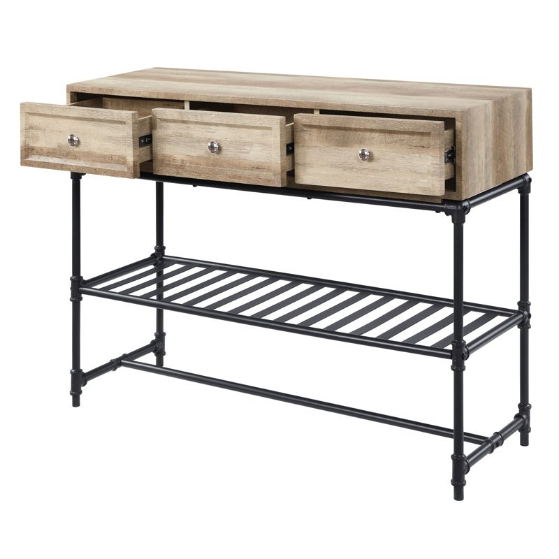 Table rectangulaire en chêne et noir sablé, avec pieds en métal et compartiments de rangement