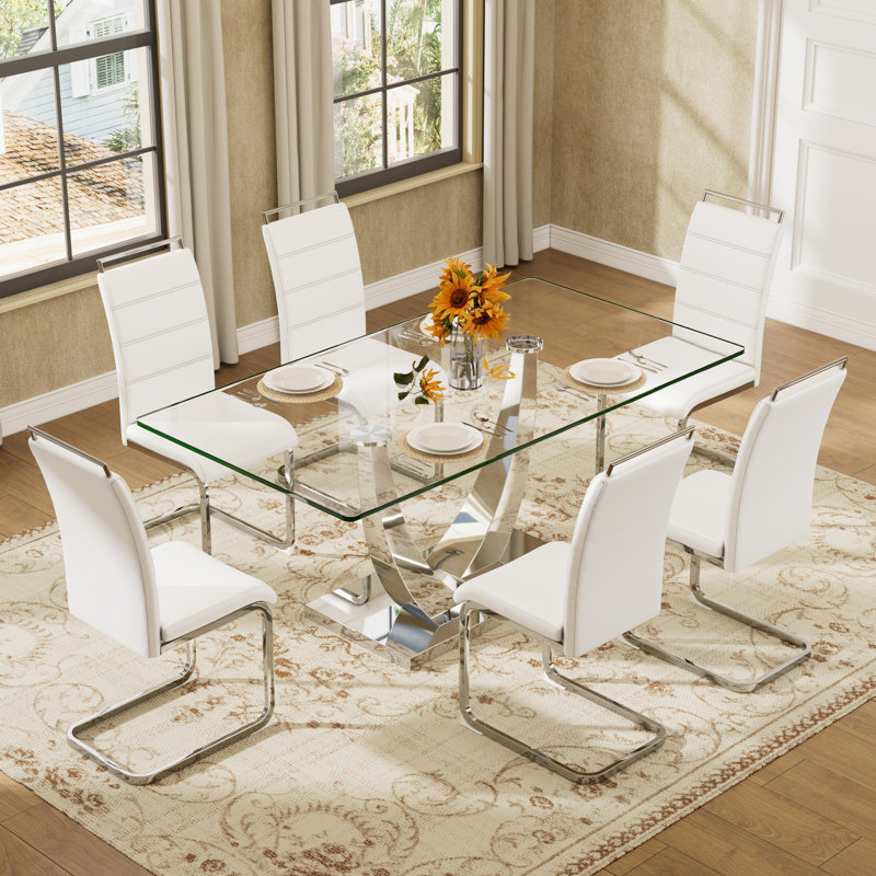 63in Rectangular Glass Dining Table Set with 4/6 PU Chairs, Metal Legs for Dining, Kitchen, 1 table + 6 chaises, Argent blanc