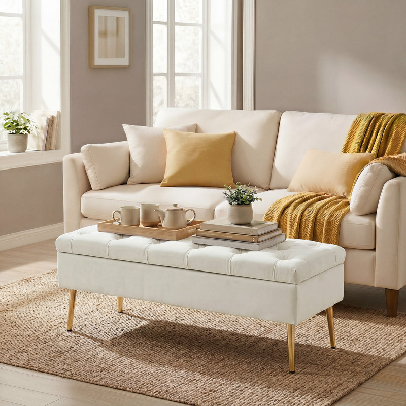 Banc de chambre rembourré avec pieds en métal de ton or, beige, Beige