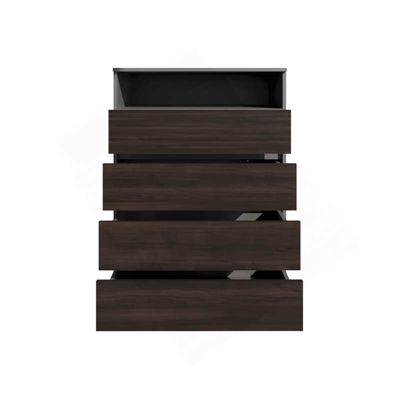 Commode, 4 tiroirs, 1 tablette, gris mat / chêne foncé
