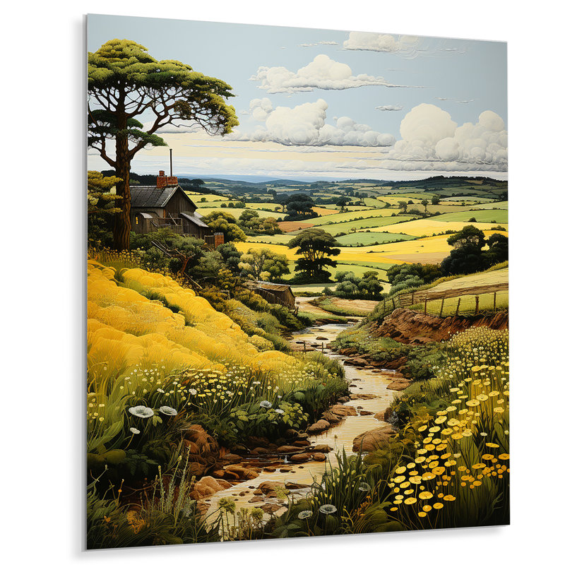 Paysage de campagne vert et jaune V - impression sans cadre sur métal, H 32 po x l 16 po x P 1 po