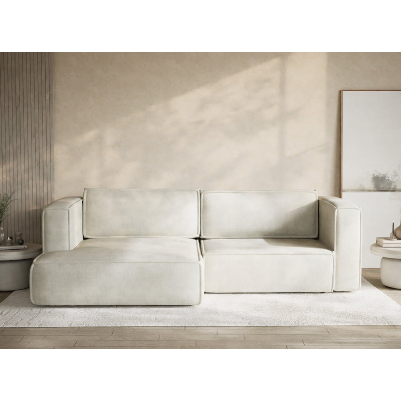 Four-Seater Corner Sofa With Bed Function, Left Hand Facing, Light Cream Polyester/Chenille