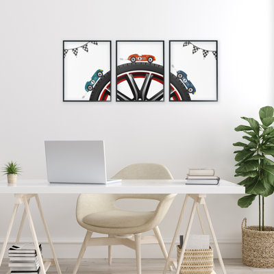 Fast Lane Racecars & Wheels 3pc Framed Giclee Set, design by Christine Simpson Art