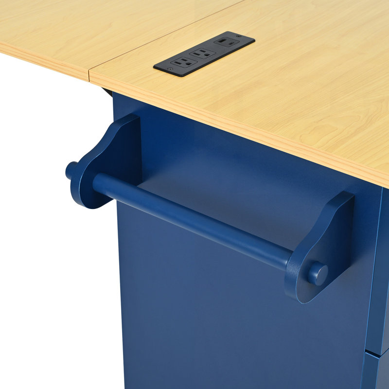 Farmhouse Kitchen Island With Drop Leaf And 2 Seatings, Storage Cabinet, Drawers, Door Shelves, And Power Outlet, Blue
