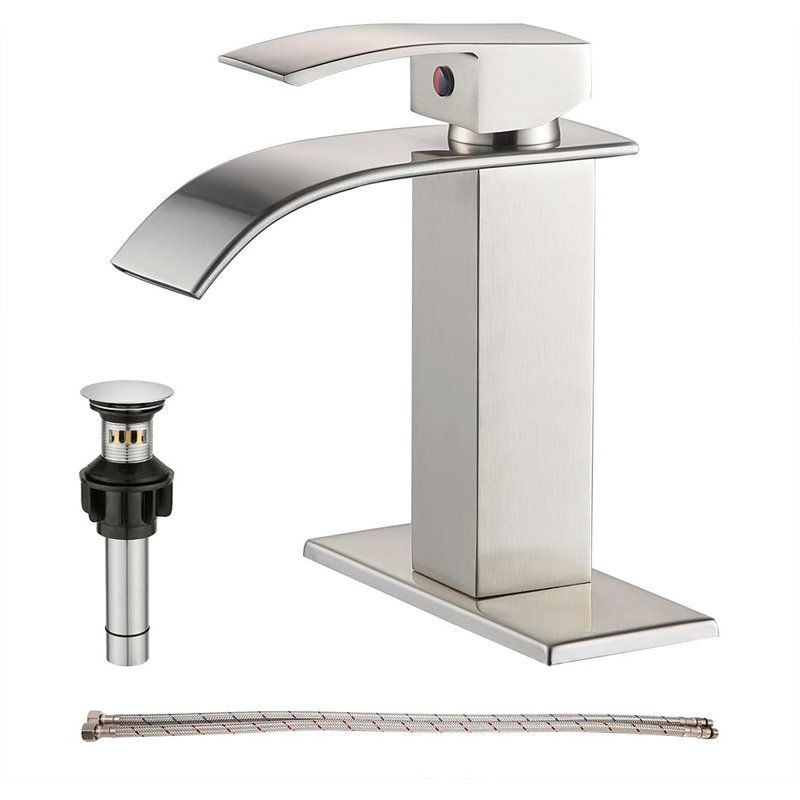 Robinet de lavabo de salle de bain à poignée simple avec drain escamotable en métal, finition nickel brossé