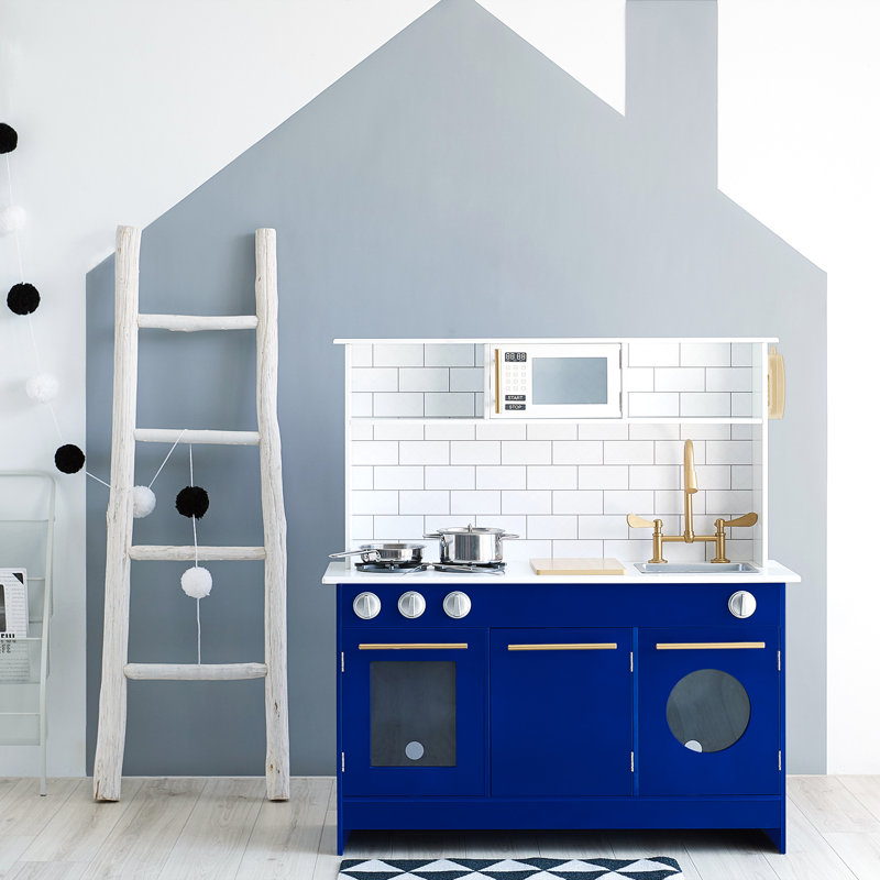 Teamson Kids Little Chef Berlin Wooden Play Kitchen with Gold Hardware, Accessories & Subway Tile Backsplash, White/Blue/Gold