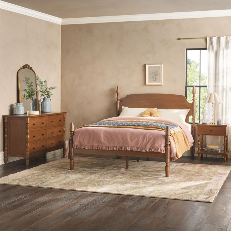 Solid Wood 3-Piece Spindle Vivienne  Bed With Walker Edison Easy Assembly 1-Drawer Nightstand And 6-Drawer Dresser, Queen
