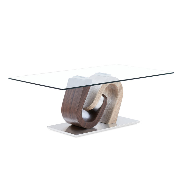 Table basse Chase en noyer / chêne, conception contemporaine, base piédestal à deux tons, style vague géométrique, bois massif +, 46,99 po Profondeur, 26,97 largeur, 16,32 hauteur, 82,04 lb poids piédestal,