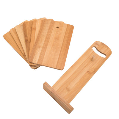 Set Of 6 Small Bamboo Cutting Boards With Holder Stand - Kitchen Chopping Board Serving Tray For Bread Meat Cheese Fruit And Vegetables (8.75" X 5.5")