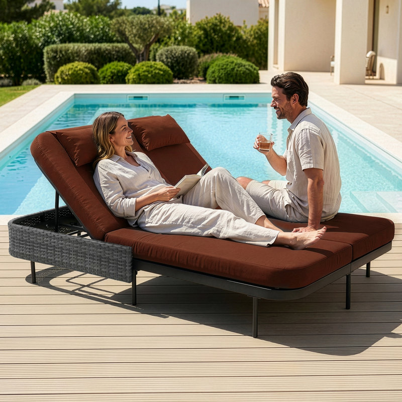 Outdoor Wicker 2-Person Double Chaise Lounge with Cushions, 6-Position Adjustable Backrests, Red