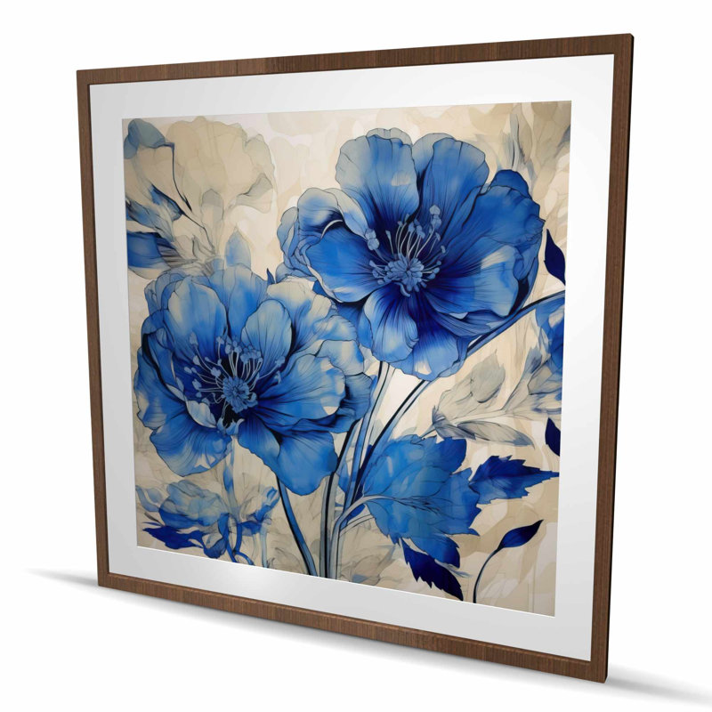 Fleurs inondées - impression abstraite encadrée avec passe-partout bleu