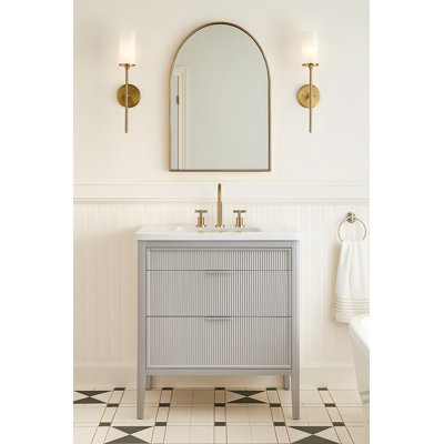 Collection ANDREA - Meuble-lavabo simple encastrable 36 po gris pâle / vert-blanc-pin avec plateau en marbre de Carrare 