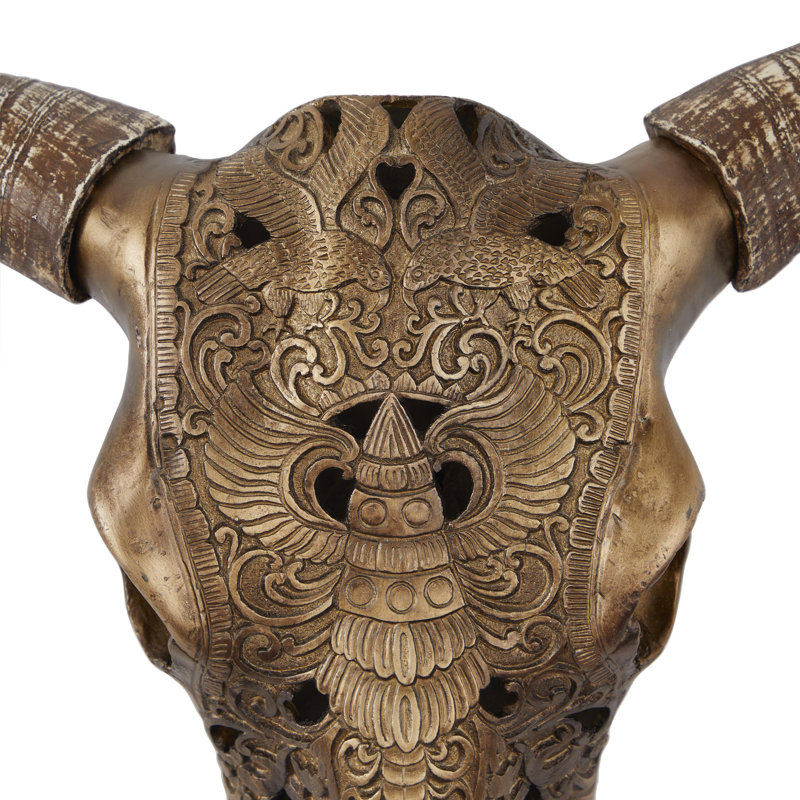 Polystone Carved Skull Cow Bronze Wall Decor