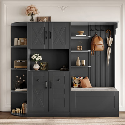 Multifunctional Left-Right Combination Hall Cabinet (Can Be Used Separately) With Storage And 4 Hooks, Storage Cabinet/ Hall Tree 2 In 1 For Living Room, Kitchen And Hallway