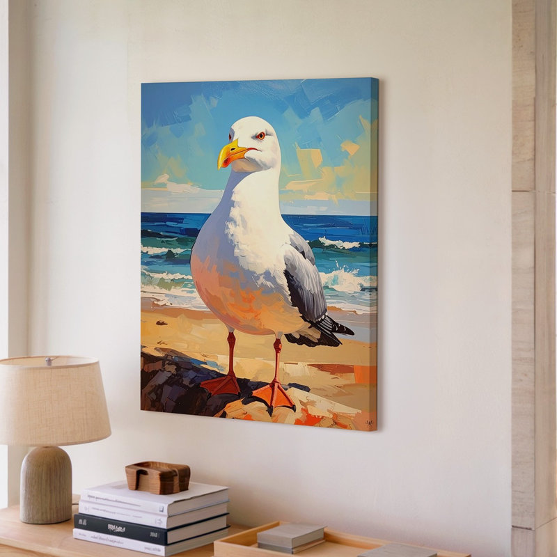 Impression sur toile, image colorée vibrante d'une mouette debout sur une plage de sable près de l'océan, oiseau, qualité supérieure