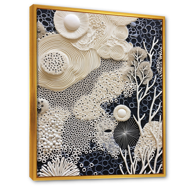 Abstrait corail noir et blanc abstrait IV sur toile, Cadre flottant doré, H 20 po x l 12 po