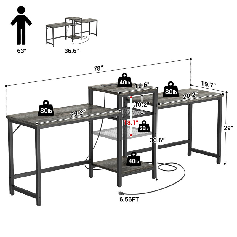 Bureau pour 2 personnes avec prise de courant, Gris