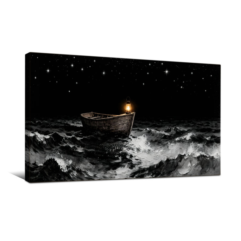 Nautique et plage Starlit Night Boat sur la mer orageuse avec lanterne, H 20 po x l 40 po