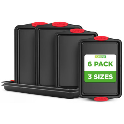 6 Pack Nonstick Stackable Carbon Steel Cookie Sheet Baking Trays with Red Silicone Handles, Oven Safe & Dishwasher Safe Kitchen Bakeware
