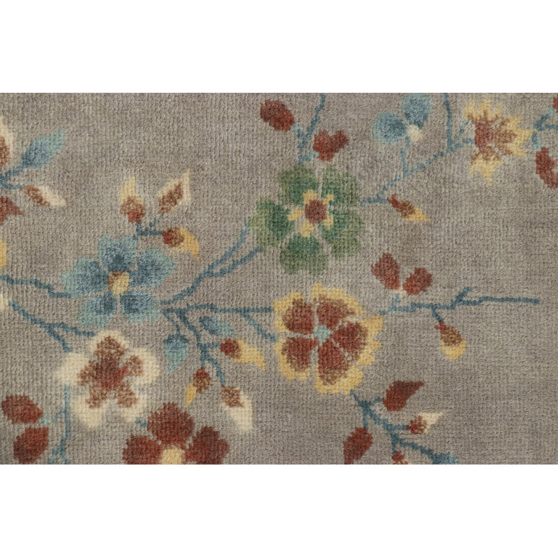 Rug & Kilim’S Chinese Art Deco Style Rug In Gray With Floral Patterns, Rectangle 12' x 18'