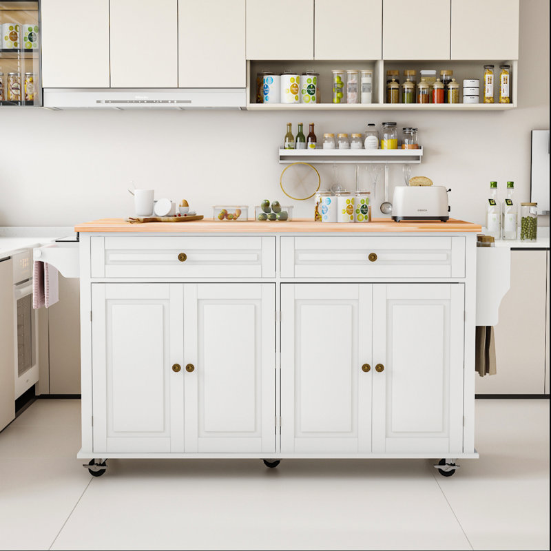 67" Kitchen Island W/sliding Drop Leaf And Drawers & Adjustable Shelves, Rolling Mobile Island Table With /spice Rack & Towel Rack & Drawers For Dining Room Kitchen Dining Room 
