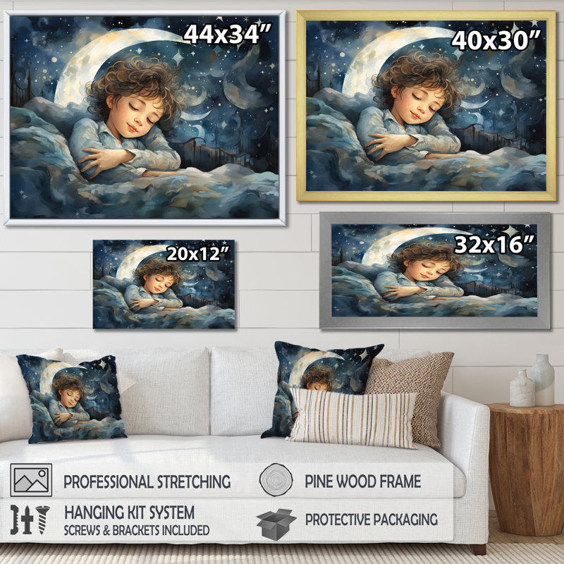 Childs Moonlight Nursery 3 - Art mural de chambre de bébé, Cadre d'angle fermé noir, H 16 po x l 32 po x P 1 po