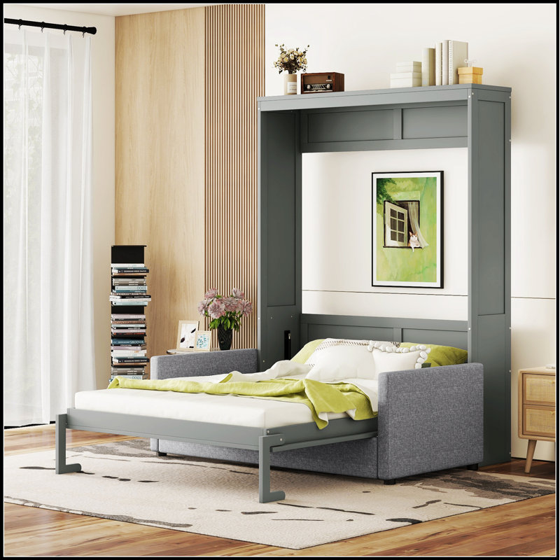 Lit escamotable encastré avec coussin confortable pour une vie moderne et polyvalente, Grand lit, Gris