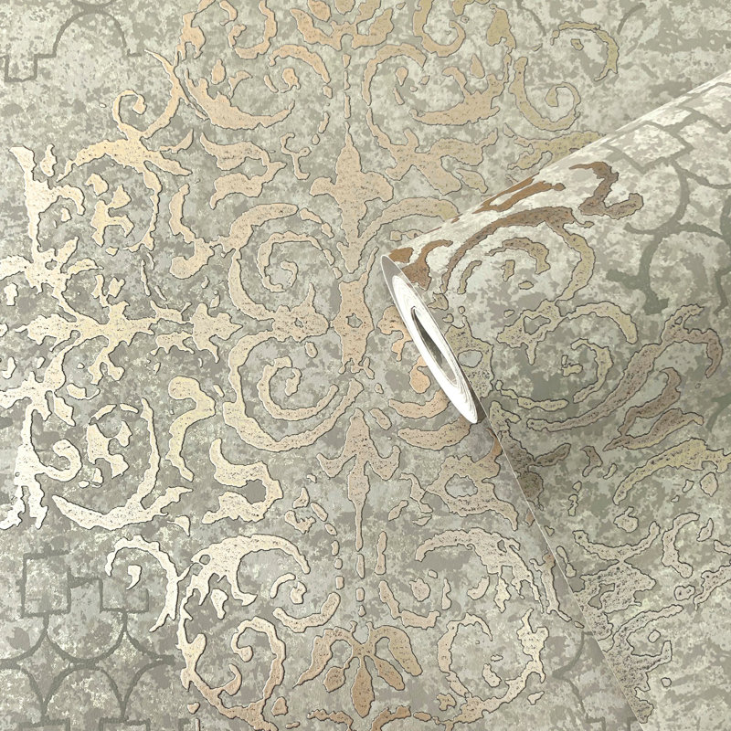 Lustre Metallic 3D Embossed Damask Wallpaper Roll, Gold