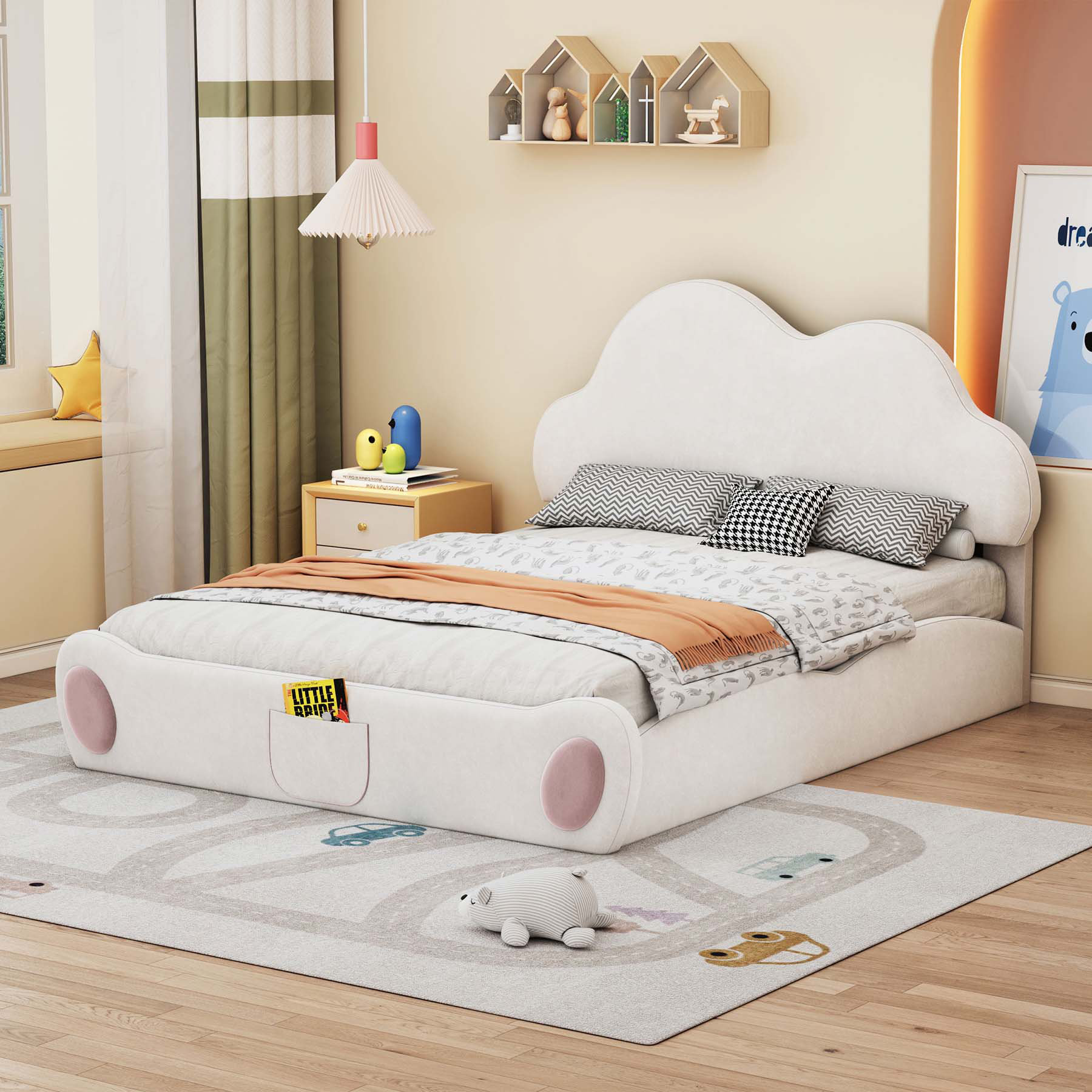 Zoomie Kids Queen size Cloudshaped Headboard Upholstered Platform Bed — free download