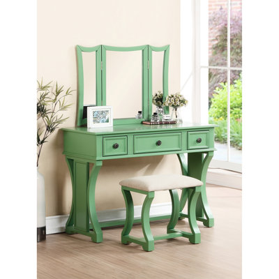 Meuble-lavabo de chambre à coucher avec tabouret, abat-jour pomme, miroir pliable, meuble-lavabo en bois rustique, 3 tiroirs fonctionnels,