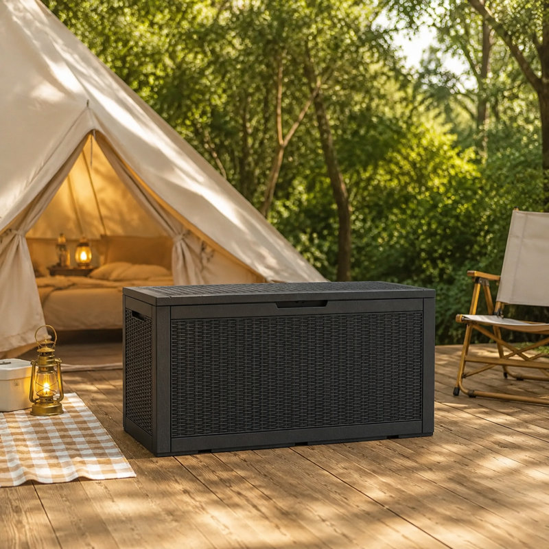 100 Gal/380L Resin Outdoor Storage Deck Box, Lockable, Weatherproof, Gas Struts, Rattan Grain, Black