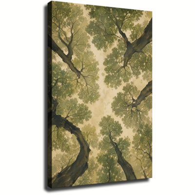 Vintage Looking Up Tree Canopy Watercolor Canvas Wall Art Neutral Green Beige Forest Decor