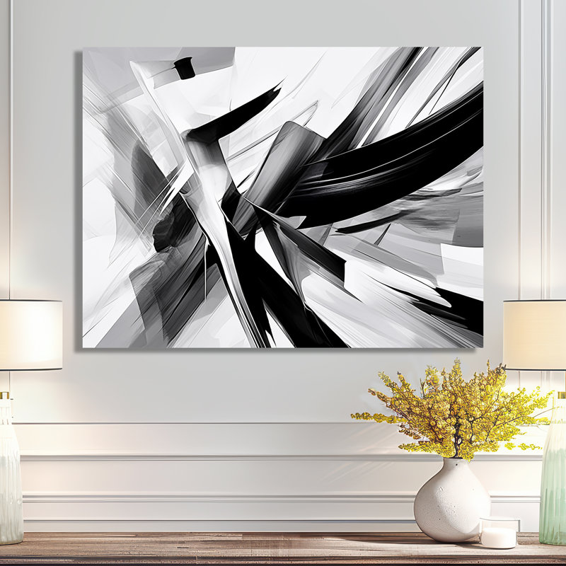Abstrait abstrait vagues noires et blanches - Formes abstraites encadrées, Métal métal, H 12 po x l 20 po x P 1 po