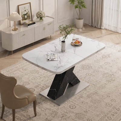 Table de salle à manger rectangulaire moderne, extensible, plateau de table en marbre blanc imprimé et pied de table en bois aggloméré noir avec base en métal