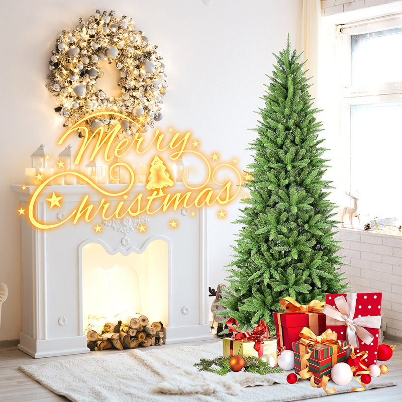 Arbre de Noël mince 9 pi - 2152 pointes, branches en PE + PVC, conception à charnières pour une installation facile, support en métal stable - idéal pour les coins et les petits espaces