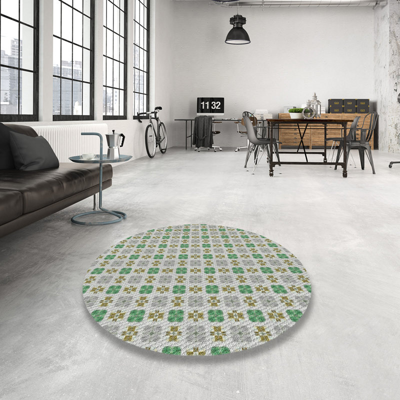 Tapis vert/gris à motifs, Rond 3 pi